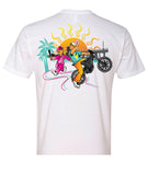 ⚡️Shirts are white with 80’s style colors. Featuring a local San Clemente inspired e-bike ripper…   White : 60% cotton 40% polyester blend Logo color: black, white, cool pink, orange, gold yellow, dark grey, and Humblecock teal  Sizes: Small, Medium, Large, and X-Large