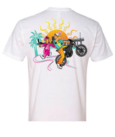 ⚡️Shirts are white with 80’s style colors. Featuring a local San Clemente inspired e-bike ripper…   White : 60% cotton 40% polyester blend Logo color: black, white, cool pink, orange, gold yellow, dark grey, and Humblecock teal  Sizes: Small, Medium, Large, and X-Large 